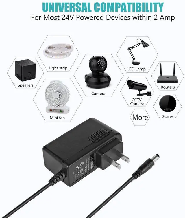 Alt view image 7 of 7 - 12V 2A Power Supply Adapter UL-Listed 120V AC to 12V DC Adapter Transformer 12 Volt 2 Amp 24W Wall Charger for LED Strip Lights Security Camera 5.5x2.1mm US Plug (5 Pack)