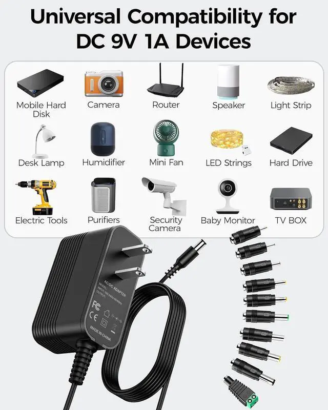 Alt view image 2 of 7 - 9V Power Supply AC Adapter DC 9V Power Cord Universal Power Adapter with 10 Interchangeable Jacks Compatible with 1000mA 900mA 800mA 700mA 600mA 500mA 400mA 300mA 200mA 100mA Electronics