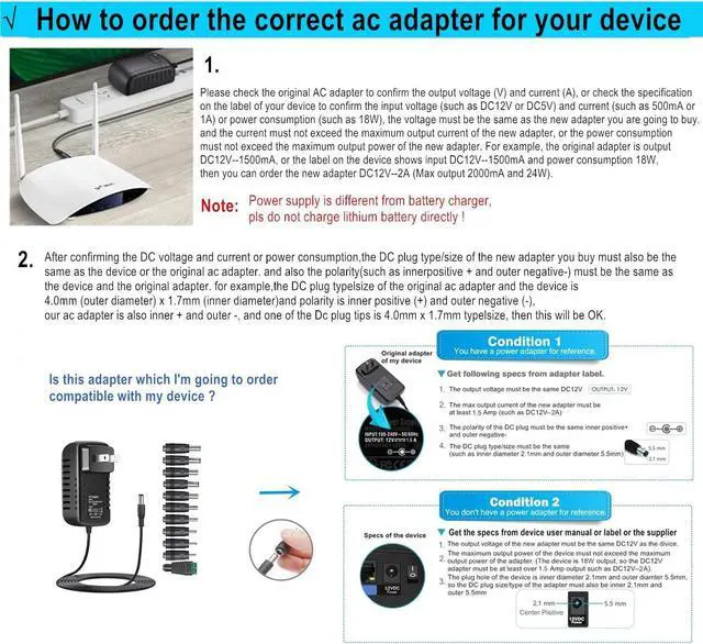 Alt view image 3 of 7 - 12V 3A AC Adapter Power Supply DC12V Charger 36W with 11 DC Plug Tips AC-DC 12Volts 3Amps 2.5A 2A 1.5A 1A Power Adapter for PC Monitor LED Strip Light Camera GPS Webcam Speakers Router Keyboards
