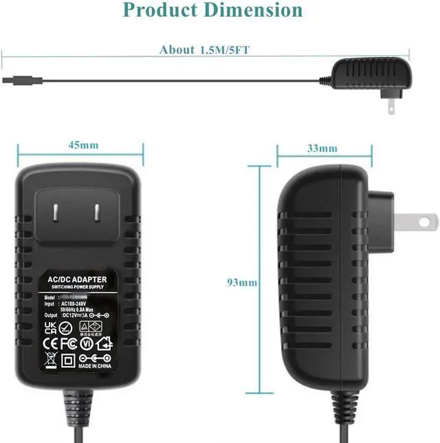 Alt view image 4 of 7 - 12V 3A AC Adapter Power Supply DC12V 1A 2A Compatible DC12Volts 3Amps Power Adapter Charger Replacement 5.5mmx2.5mm/2.1mm Plug DC12V Power Cord