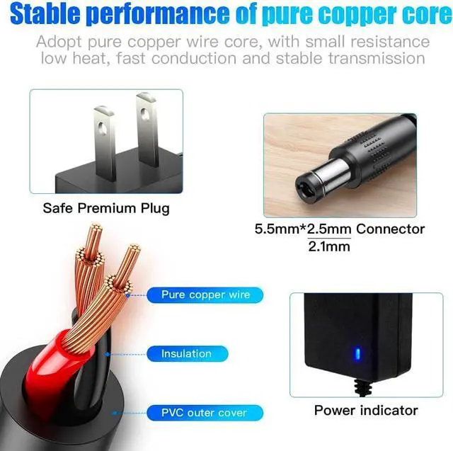 Alt view image 3 of 7 - DC 12V 2A Power Supply [2Amp 2000mA] 24W AC Adapter 10ft DC in 12V Power Cord for LED Strip Lights Speaker CCTV Camera Router 5.5x2.5mm/2.1mm Plug Low Voltage Transformer Cable [10ft]