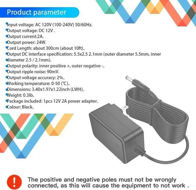 Alt view image 5 of 7 - DC 12V 2A Power Supply [2Amp 2000mA] 24W AC Adapter 10ft DC in 12V Power Cord for LED Strip Lights Speaker CCTV Camera Router 5.5x2.5mm/2.1mm Plug Low Voltage Transformer Cable [10ft]