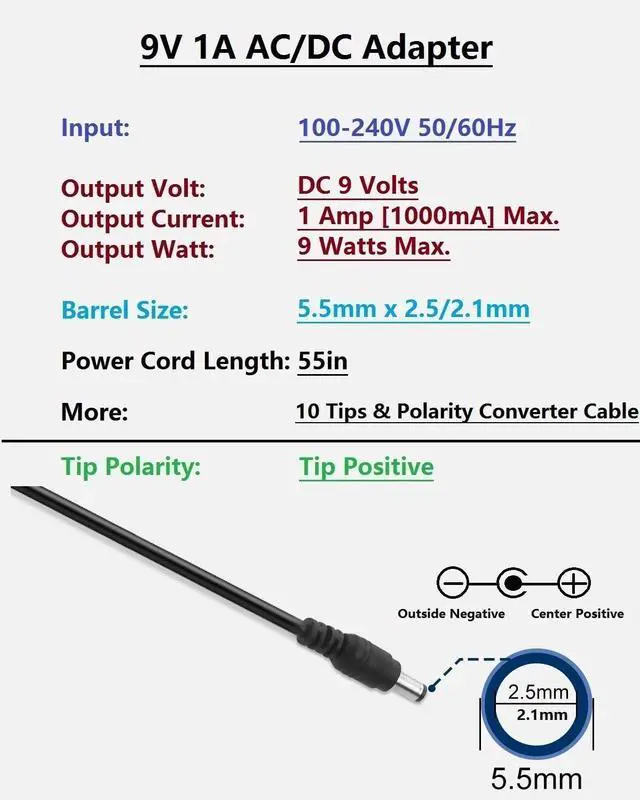 Alt view image 2 of 7 - 9V 1A AC DC Converter Power Supply Cord Adapter 100-240V 50-60Hz Wall Plug to DC 9 Volt 1 Amp Power Adapter Transformer 5.5 x 2.1mm Reverse Polarity Converter Cable & 10 Tips
