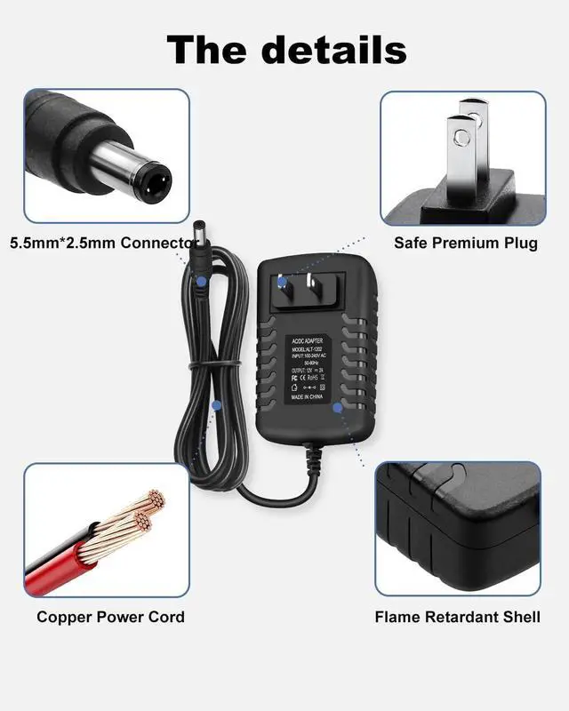 Alt view image 4 of 7 - DC 12V 2A Power Supply Adapter 24W AC Adapter 100-240V 50-60Hz AC to DC 12 Volt 2 Amp Cord 4.9ft with 5.5mm x 2.5mm Barrel & 10 Tips