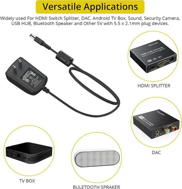 Alt view image 4 of 6 - Power Supply Adapter AC Power Adapter 5V 1A Transformers Wall Charger DC Cable Length 153cm with 5.5mm Plug for HDMI Switch Splitter DAC CCTV IP Camera USB HUB etc