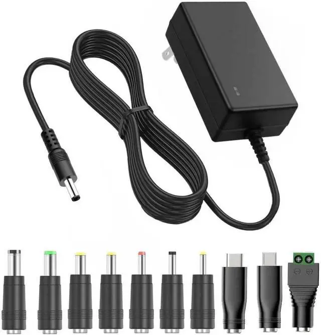 Main image of 12V 2A Power Supply AC DC Adapter with 10 Tips Universal DC in 12 Volt 2 Amp Power Cord Converter Transformer 100-240v 50/60HZ 5.5x2.5mm DC Output Jack