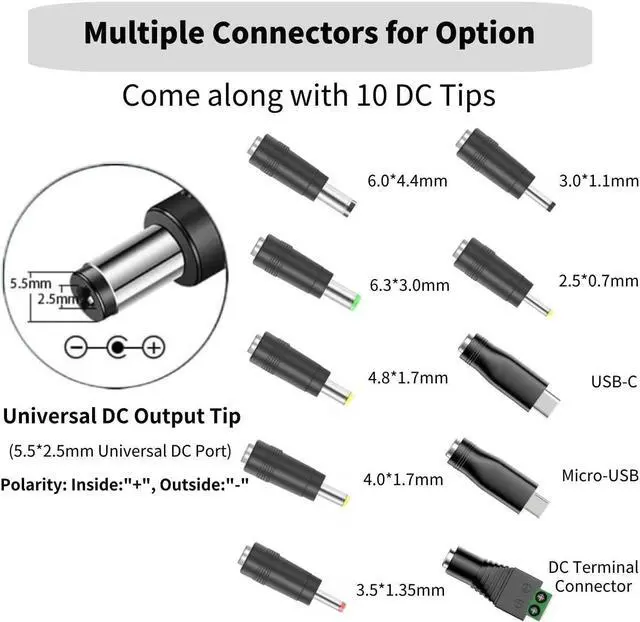 Alt view image 2 of 5 - 12V 2A Power Supply AC DC Adapter with 10 Tips Universal DC in 12 Volt 2 Amp Power Cord Converter Transformer 100-240v 50/60HZ 5.5x2.5mm DC Output Jack