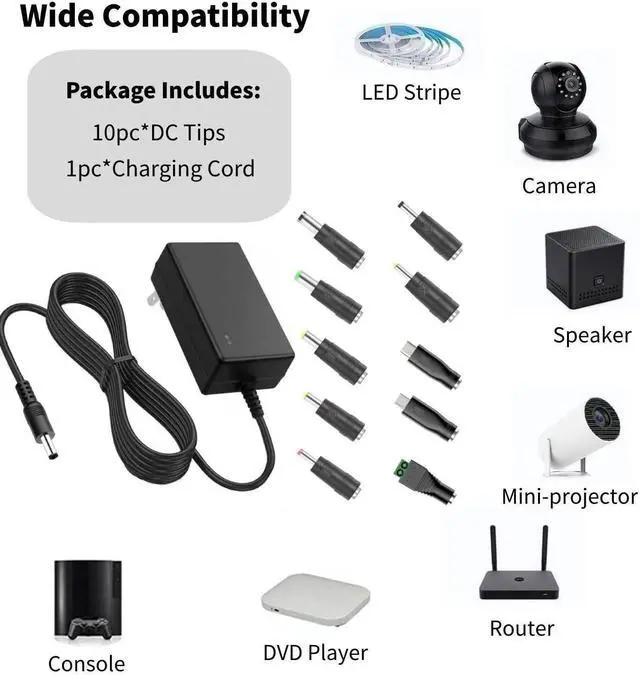 Alt view image 3 of 5 - 12V 2A Power Supply AC DC Adapter with 10 Tips Universal DC in 12 Volt 2 Amp Power Cord Converter Transformer 100-240v 50/60HZ 5.5x2.5mm DC Output Jack