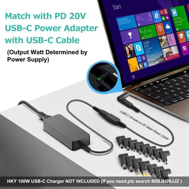 Alt view image 2 of 7 - USB C to DC Adapter 15PCS DC Cable Kit Universal Laptop Charger Fit 20V PD Charger 100W 90W 65W 45W to Charge 19V~20V  HP Gateway     Laptops Speaker TV Monitor Soundbar