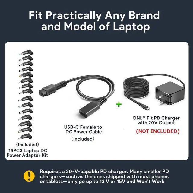 Alt view image 4 of 7 - USB C to DC Adapter 15PCS DC Cable Kit Universal Laptop Charger Fit 20V PD Charger 100W 90W 65W 45W to Charge 19V~20V  HP Gateway     Laptops Speaker TV Monitor Soundbar