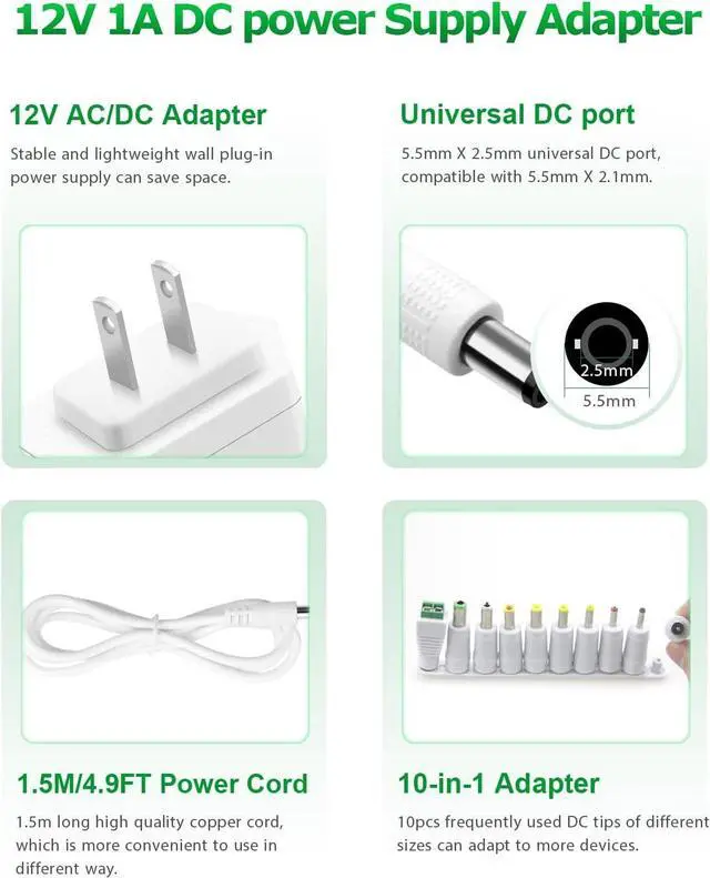 Alt view image 2 of 6 - 12V 1A Power Supply Adapter 12V 1A 0.8A 0.5A AC Adapter Charger Replacement Power Cord Wall Charger AC 100V-240V to DC 12Volt 1000mA for Security Camera BT Speaker GPS Router Scanner White