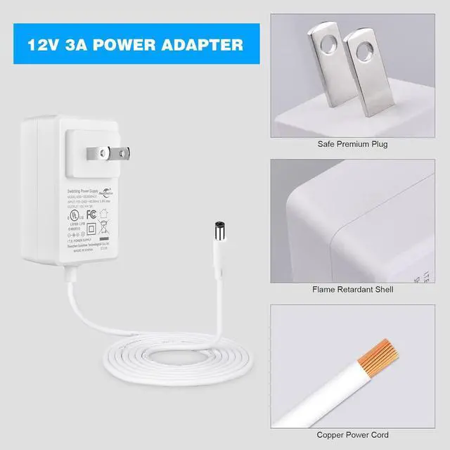 Alt view image 6 of 7 - 3A 12V Power Adapter Supply AC 100-240V to DC Transformer for LED Light Strip LCD Monitor Router Car Devices 5.5mm X 2.1mm US Plug UL Listed