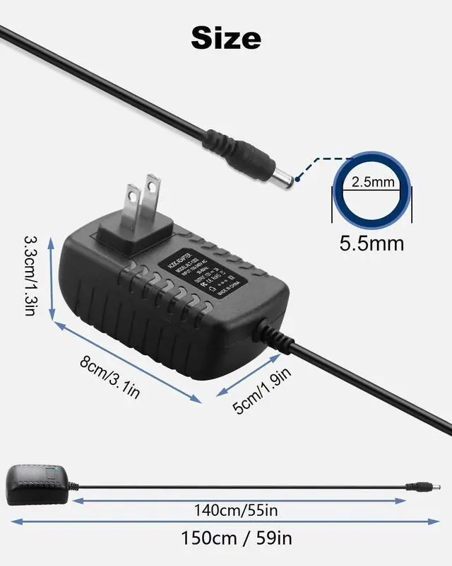 Alt view image 3 of 7 - DC 12V 2A Power Supply Adapter 24W AC Adapter 100-240V 50-60Hz AC to DC 12 Volt 2 Amp Cord 4.9ft with 5.5mm x 2.5mm Barrel & 10 Tips