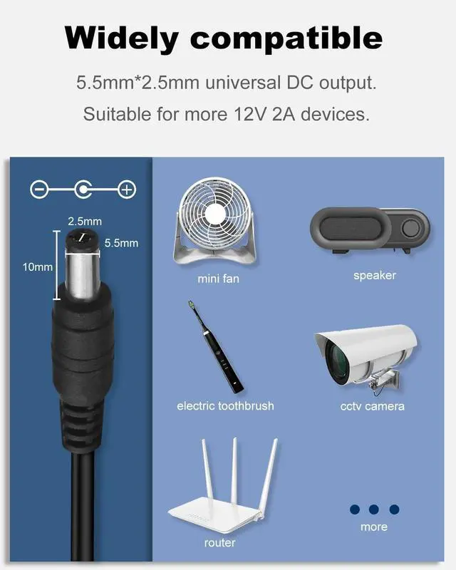 Alt view image 6 of 7 - DC 12V 2A Power Supply Adapter 24W AC Adapter 100-240V 50-60Hz AC to DC 12 Volt 2 Amp Cord 4.9ft with 5.5mm x 2.5mm Barrel & 10 Tips