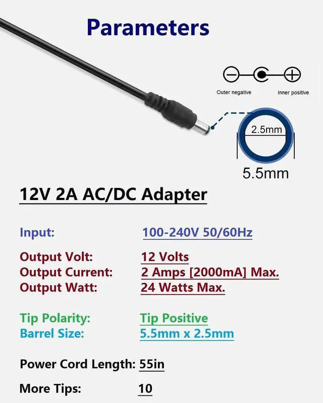Alt view image 7 of 7 - DC 12V 2A Power Supply Adapter 24W AC Adapter 100-240V 50-60Hz AC to DC 12 Volt 2 Amp Cord 4.9ft with 5.5mm x 2.5mm Barrel & 10 Tips
