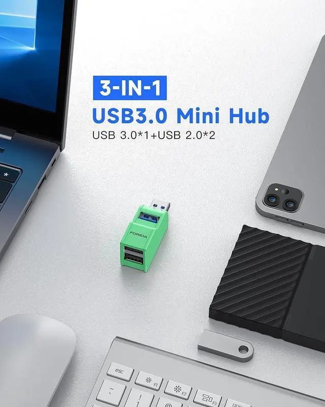 Alt view image 2 of 7 - 3 Ports USB 3.0 Adapter USB Hub with 1 USB 3.0 and 2 USB 2.0 Port Portable USB Port Splitter for Keyborad Mobile Hard Disk U Disk Camera Mouse etc (Green)