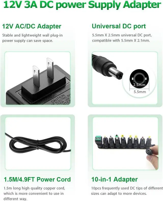Alt view image 2 of 6 - 12V 3A Power Supply Adapter 36W ac/dc Charger AC 100V-240V to DC 12Volt 3amp Power Cord 12V 2.5A 2A 1.5A 1A 800mA 500mA for Security Camera BT Speaker GPS Webcam Microphone Receiver with 10TIPS