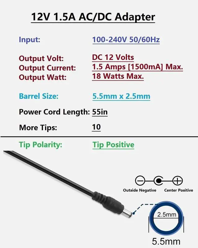 Alt view image 2 of 7 - DC 12 Volt 1.5 Amp Switching Power Supply 100-240V 50-60Hz AC to DC 12V 1.5A 18W Power Supply Adapter with 5.5mm x 2.5mm Barrel and 10 More Sizes of Tips