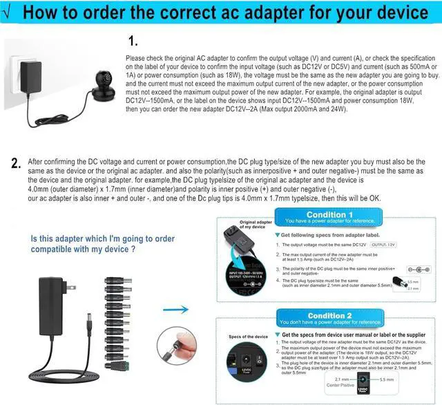 Alt view image 3 of 7 - 12V 3A Power Supply AC Adapter Charger with 11 Changeable DC Plug Tips AC120V to DC 12Volts 3A 2.5A 2A 1.5A 1A Power Adapter DC12V Switching Power Supply Cord for LED Strip Lights GPS PC Display