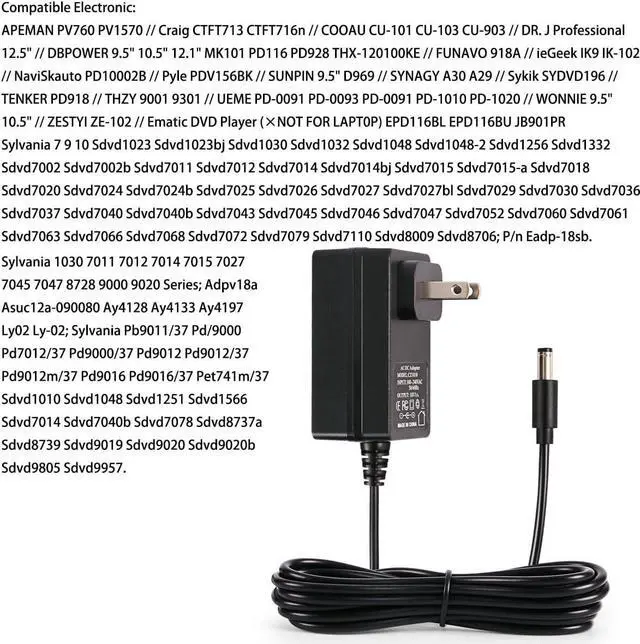 Alt view image 3 of 7 - 12V AC DC Adapter Charger Compatible with Sunpin Sylvania  Craig Cooau DBPower YOTON ieGeek Synagy Wonnie Ematic Portable DVD Players.