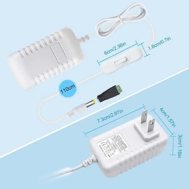 Alt view image 2 of 7 - 12 Volt 2A 24W Power Supply 12V DC Power Supply with On Off Switch White Switching LED Power Adapter AC 110V to 12V Wall Wart Transformer Plug for LED Strip Lights with 5.5/2.1 DC Female Connector