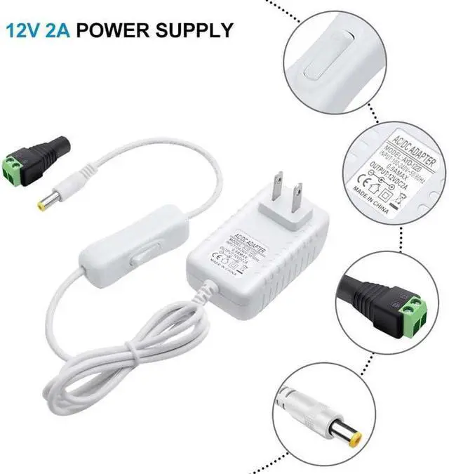 Alt view image 4 of 7 - 12 Volt 2A 24W Power Supply 12V DC Power Supply with On Off Switch White Switching LED Power Adapter AC 110V to 12V Wall Wart Transformer Plug for LED Strip Lights with 5.5/2.1 DC Female Connector