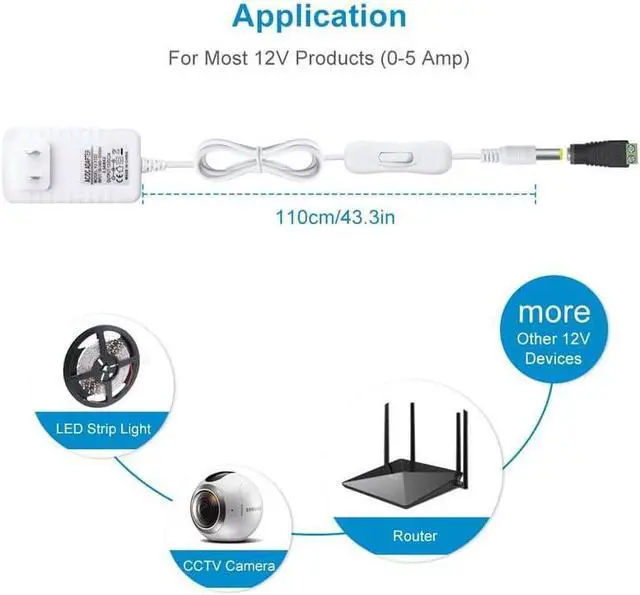 Alt view image 5 of 7 - 12 Volt 2A 24W Power Supply 12V DC Power Supply with On Off Switch White Switching LED Power Adapter AC 110V to 12V Wall Wart Transformer Plug for LED Strip Lights with 5.5/2.1 DC Female Connector