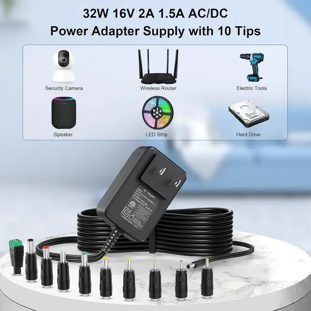 Alt view image 2 of 7 - 16V 2A 1.5A AC Adapter Power Supply 32W 10 Tips Power Cord with UL Listed Charger Replacement for Webcams Monitors Scanners Routers LED Lights