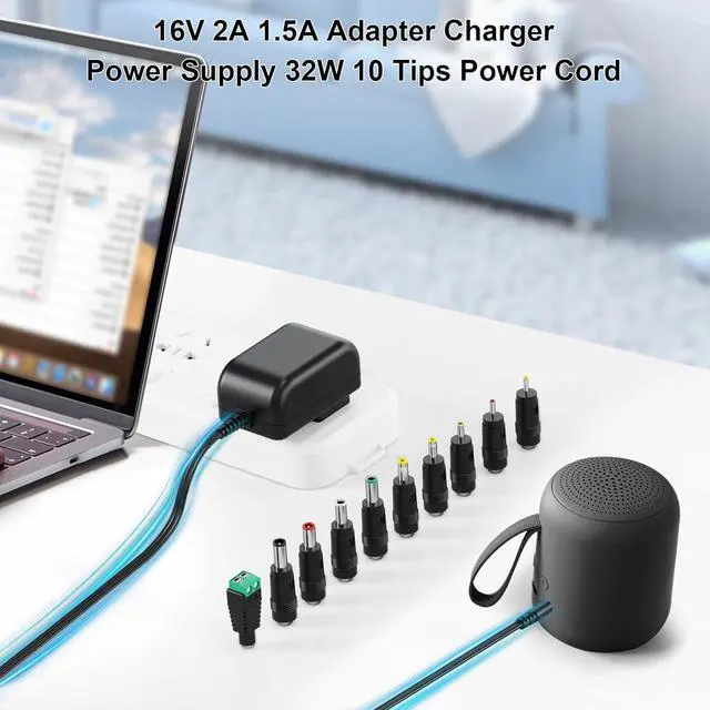 Alt view image 3 of 7 - 16V 2A 1.5A AC Adapter Power Supply 32W 10 Tips Power Cord with UL Listed Charger Replacement for Webcams Monitors Scanners Routers LED Lights