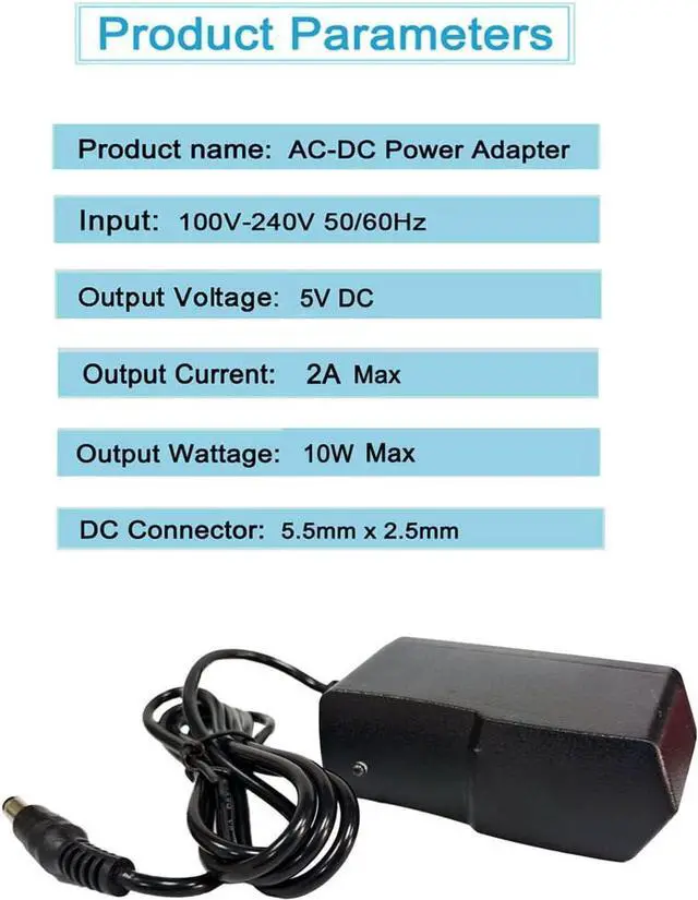 Alt view image 3 of 7 - 5V 2A DC Power Supply Adapter 10W AC/DC Wall Plug Adapter 100V-240V AC to DC 5 Volt 2Amp 1Amp Replacement Power Cord with 5.5mm*2.5mm DC tip for 5v led Strip Lights Cameras