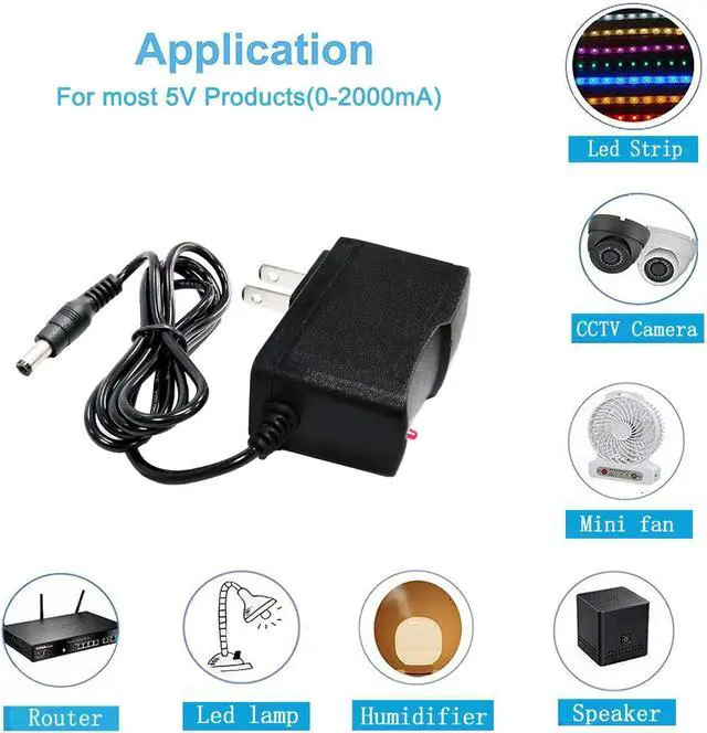 Alt view image 7 of 7 - 5V 2A DC Power Supply Adapter 10W AC/DC Wall Plug Adapter 100V-240V AC to DC 5 Volt 2Amp 1Amp Replacement Power Cord with 5.5mm*2.5mm DC tip for 5v led Strip Lights Cameras