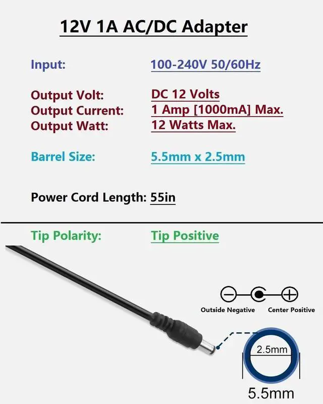 Alt view image 2 of 6 - 12V 1A Power Supply 12W AC Adapter 100-240V 50-60Hz AC to DC Adapter DC 12 Volt 1 Amp Power Supply Cord with 5.5mm x 2.5mm Barrel