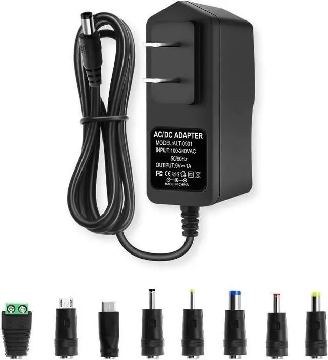 Main image of 9V DC Power Supply 1A Universal AC Adapter 100-240V 50/60Hz 9 Volts 1Amp Transformer DC 9V Power Cord Adapter 5.5mm x 2.5mm Plug & 8 Tips
