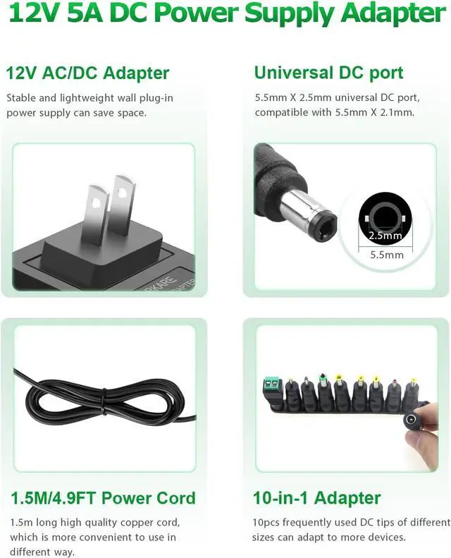 Alt view image 2 of 6 - 12V DC Power Supply Adapter 5A 60W AC/DC Wall Plug Charger AC 100V-240V to DC 12V Replacement Power Cord 5A 4A 3A 2A 1A 0.5A for LED Strip Light BT Speaker GPS Webcam Receiver with 10TIPS 4.9FT