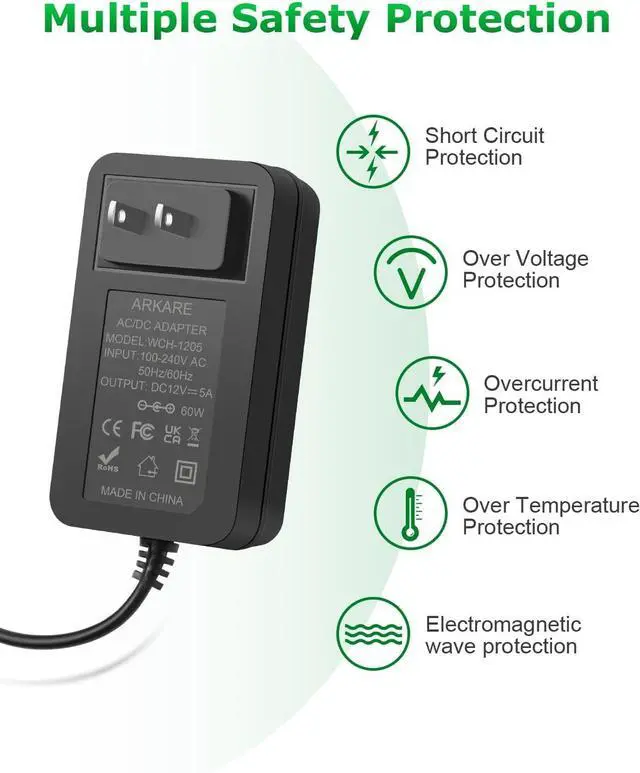 Alt view image 4 of 6 - 12V DC Power Supply Adapter 5A 60W AC/DC Wall Plug Charger AC 100V-240V to DC 12V Replacement Power Cord 5A 4A 3A 2A 1A 0.5A for LED Strip Light BT Speaker GPS Webcam Receiver with 10TIPS 4.9FT