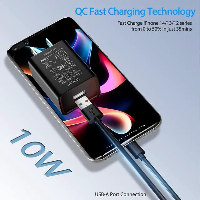 Alt view image 3 of 5 - 5V 2A USB Wall Charger Power Supply for iPhone Kindle Fire 10 8 7 6 HD Tablet Kids Edition Stick Portable Travel AC Adapter for iPad Fast Charging Cable Cord for  Galaxy LG Moto Android Phone