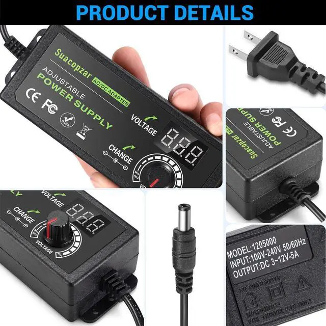 Alt view image 2 of 7 - 60W Power Supply Adjustable DC 3V ~ 12V 5A Variable Universal Switching AC/DC Adapter with LED Display 100V-240V AC to DC Converter with 5.5x2.1mm & 5.5x2.5mm Variable Adapter for LED Strip Light