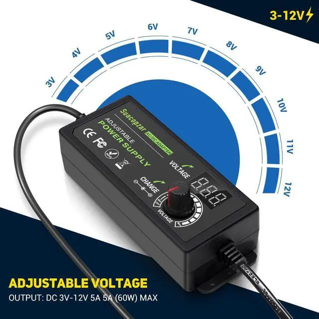 Alt view image 3 of 7 - 60W Power Supply Adjustable DC 3V ~ 12V 5A Variable Universal Switching AC/DC Adapter with LED Display 100V-240V AC to DC Converter with 5.5x2.1mm & 5.5x2.5mm Variable Adapter for LED Strip Light