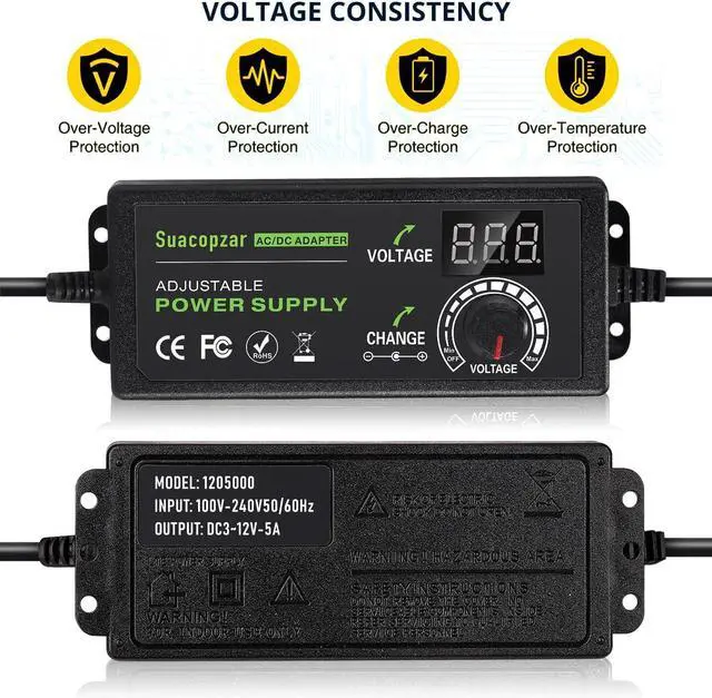 Alt view image 5 of 7 - 60W Power Supply Adjustable DC 3V ~ 12V 5A Variable Universal Switching AC/DC Adapter with LED Display 100V-240V AC to DC Converter with 5.5x2.1mm & 5.5x2.5mm Variable Adapter for LED Strip Light