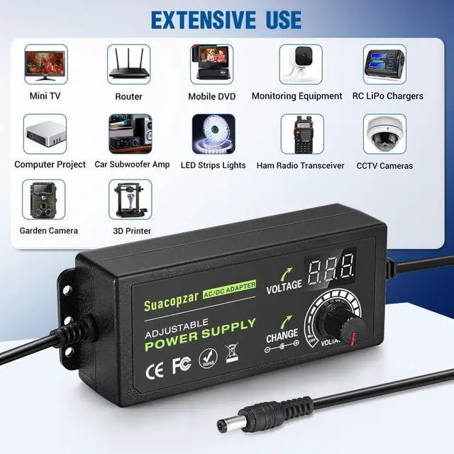 Alt view image 7 of 7 - 60W Power Supply Adjustable DC 3V ~ 12V 5A Variable Universal Switching AC/DC Adapter with LED Display 100V-240V AC to DC Converter with 5.5x2.1mm & 5.5x2.5mm Variable Adapter for LED Strip Light