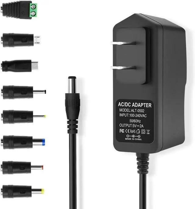 Main image of 5V 2A 2000mA DC Power Supply AC Adapter 100-240V 50-60Hz Wall Adapter Cord with 5.5 x 2.5mm Barrel & 8 Tips