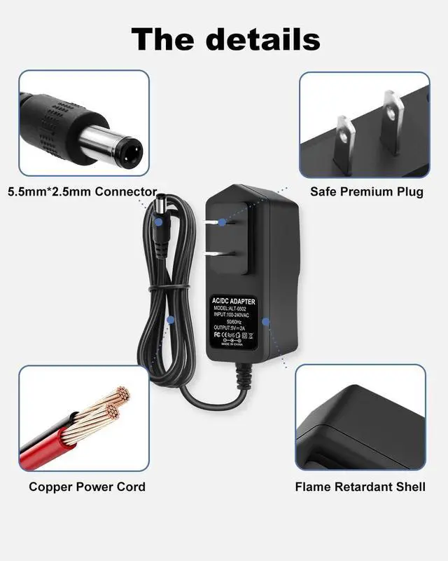 Alt view image 4 of 5 - 5V 2A 2000mA DC Power Supply AC Adapter 100-240V 50-60Hz Wall Adapter Cord with 5.5 x 2.5mm Barrel & 8 Tips