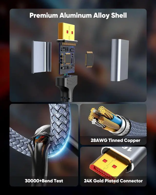 Alt view image 6 of 7 - 80Gbps Displayport Cable 2.1 6FT 16K@60Hz 8K@120Hz 4K@240Hz DP 2.1 Cable 16K Braided Cord Compatible with HDR10 DSC 1.2a G-Sync FreeSync Gaming PC NVIDIA RTX 4090/3090 AMD 7900XTX