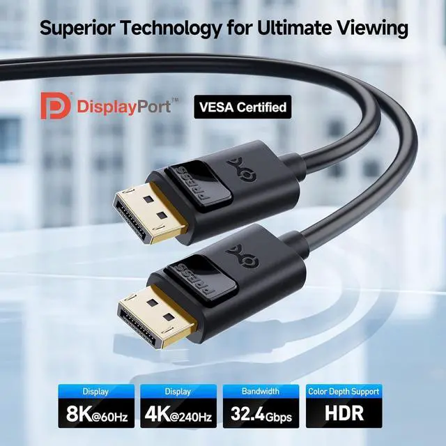 Alt view image 2 of 6 - 32.4Gbps DisplayPort 1.4 Cable - 10ft Support 8K 60Hz 4K 240Hz DisplayPort Cable 1.4 with FreeSync G-SYNC and HDR for Gaming Monitor PC RTX 4080/4090 RX 6800/6900