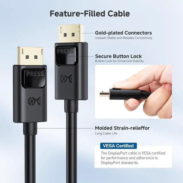 Alt view image 6 of 6 - 32.4Gbps DisplayPort 1.4 Cable - 10ft Support 8K 60Hz 4K 240Hz DisplayPort Cable 1.4 with FreeSync G-SYNC and HDR for Gaming Monitor PC RTX 4080/4090 RX 6800/6900