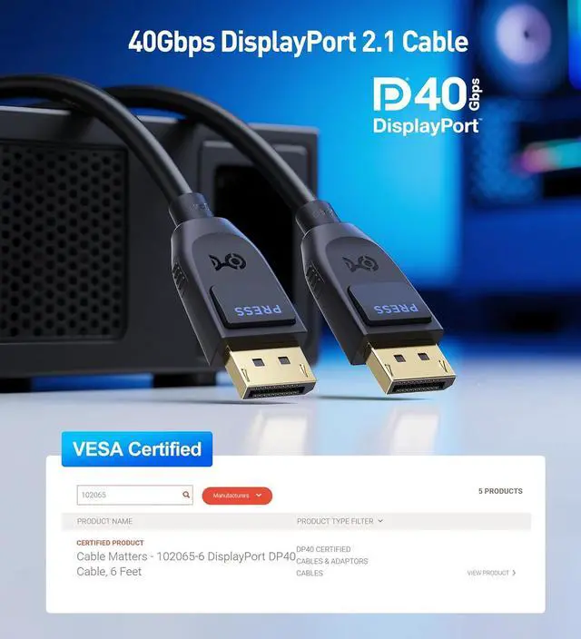 Alt view image 2 of 7 - [ Certified] 40Gbps DisplayPort 2.1 Cable 2m/6.6ft DP40 Cable 8K 120Hz 4K 240Hz in Black with FreeSync G-SYNC and HDR for Gaming Monitor PC RTX 4080/4090 RX 7900