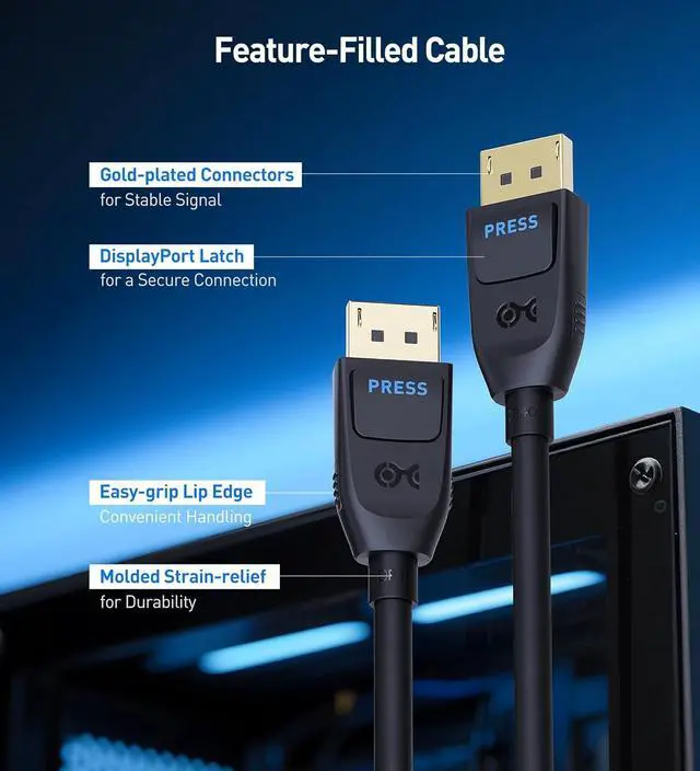 Alt view image 6 of 7 - [ Certified] 40Gbps DisplayPort 2.1 Cable 2m/6.6ft DP40 Cable 8K 120Hz 4K 240Hz in Black with FreeSync G-SYNC and HDR for Gaming Monitor PC RTX 4080/4090 RX 7900