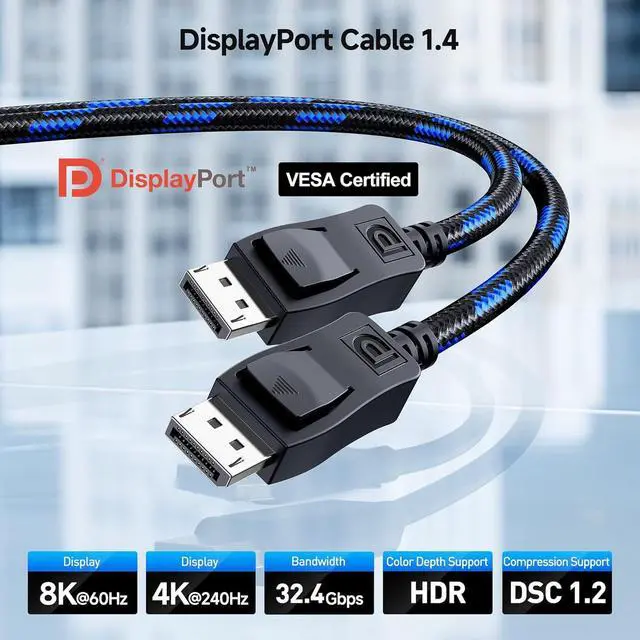 Alt view image 2 of 6 - [ Certified] 9.8 ft 32.4Gbps Braided DisplayPort Cable 1.4 8K 60Hz / 4K 240Hz DisplayPort 1.4 Cable with FreeSync G-SYNC and HDR for Gaming Monitor PC RTX 4080/4090 RX 6800/6900