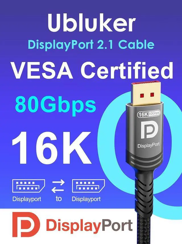 Alt view image 2 of 7 - 16K 8K DisplayPort 2.1 Cable 80Gbps 5 FT  Certified Ultra High Bit Rate DP to DP Cable UHBR20 DSC1.2a 4K 240Hz 165Hz 144Hz 120Hz 16K 60Hz 8K 120Hz PC Monitor Ryzen7900 FreeSync G-Sync