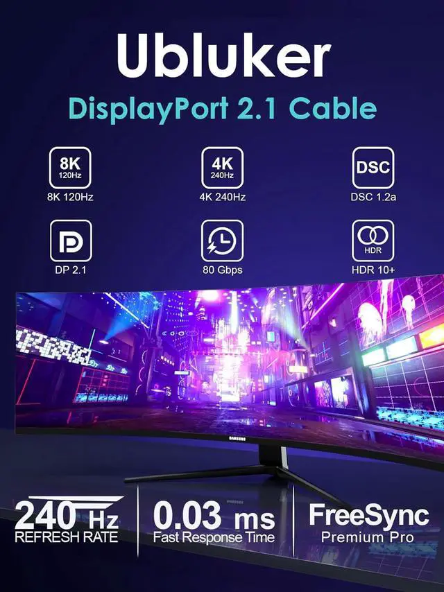 Alt view image 3 of 7 - 16K 8K DisplayPort 2.1 Cable 80Gbps 5 FT  Certified Ultra High Bit Rate DP to DP Cable UHBR20 DSC1.2a 4K 240Hz 165Hz 144Hz 120Hz 16K 60Hz 8K 120Hz PC Monitor Ryzen7900 FreeSync G-Sync